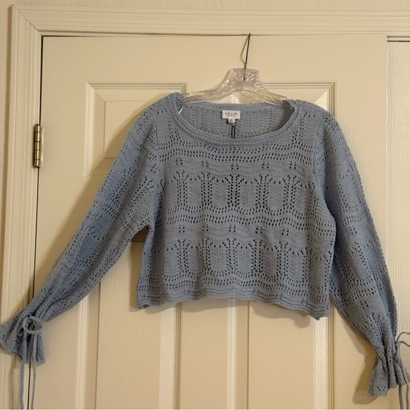 New Le Lis Powder Blue Boatneck Crochet Tie Cuff Sweater Knit Top - Picture 13 of 16